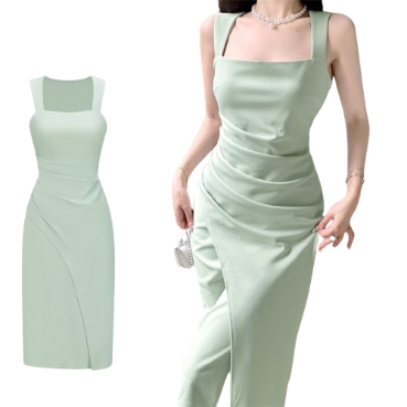Lovito Women Elegant Plain Split Thigh Pleated Dress L65ED167 (Light Green)