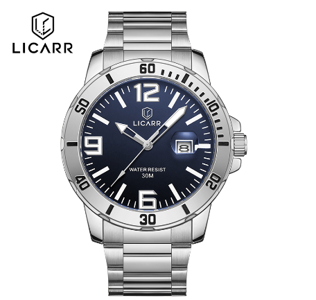 LICARR Top Brand Mens Watches Fashion Quartz Sport Waterproof Date Stainless Steel Clock Male Casual Business Wrist Watch SILVER BLUE