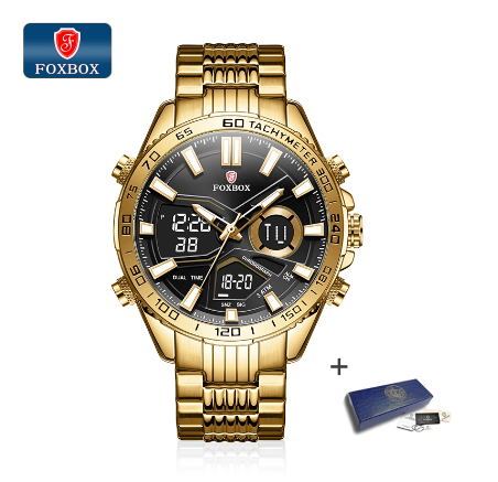 FOXBOX Fashion Sport Digital Watches For Men Waterproof Luminous Stainless Black Blue Gold Dual Display Watch GOLD BLACK