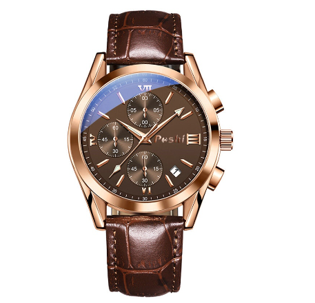 POSHI Men Watch Original Waterproof Exquisite High-End Sports Quartz Watches For Authentic Leather ROSEGOLD COFFEE