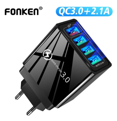 FONKEN 4 USB Charger Quick Charge QC3.0 USB Wall Charger Portable Mobile Charger Adapter for Xiaomi iPhone 12 11 Pro Max EU Plug