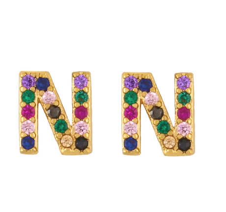 New European and American Fashion Gold 26 Letters Colorful Zircon Alphabet Stud Earrings Women Jewelry Gifts N