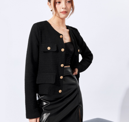 Elegant Plain Round Neck Button Women Jacket (Black)