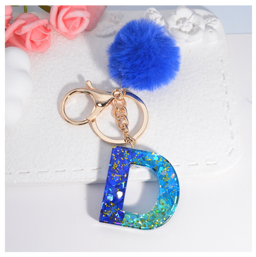 Exquisite Blue Pompom A-Z 26 Letter Keychain Glitter Heart Sequin Filled Initials Keyrings Bag Accessories Charm Car Keyholder D