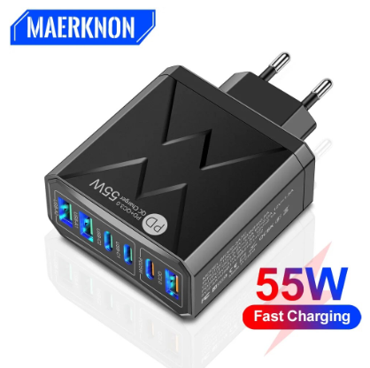 6 in 1 USB Charger Fast Charging Adapter Quick Charge QC3.0 For iPhone 14 13 Samsung Xiaomi Wall Phone Charger PD Type C Charger