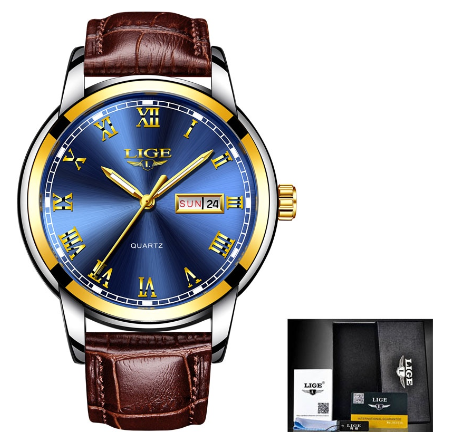 LIGE Watch For Couple Original Waterproof Stainless Steel Silver/Gold Fashion Business Trend Calendar Luminous Watches LEATHER GOLD BLUE