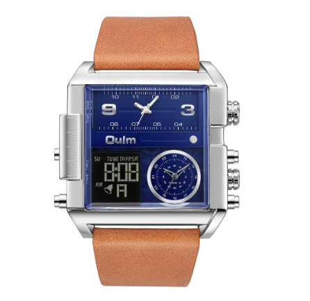Oulm Mens Big Dial Sports Watches Military Digital Quartz Watch Luxury Brand Fashion Square Dial Leather Wristwatch BLUE