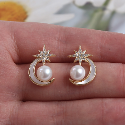 Zircon Stars Shell Moon Design Pearl Earrings