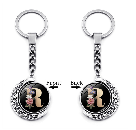 1PC Exquisite 26 Letter Glass Keychains Double Sides Moon Flower A-Z Initials Keyrings Handbag Charms Ornaments Gifts R