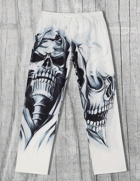 Men's Casual Skull Print Drawstring Waist Long Pants