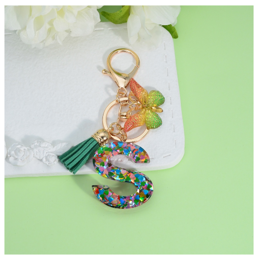 Fashion Butterfly Pendant 26 Letter Keychain Heart Sequins Filled A-Z Initial Key Chains With Tassel Bag Charms Accessories Gift S