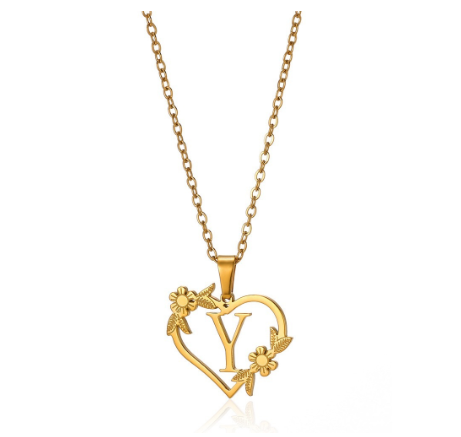 New Personalized Creative Gold Plated Stainless Steel Love Flower Hollow Heart A-Z Letter Necklace Initial Name Pendant Women's Y