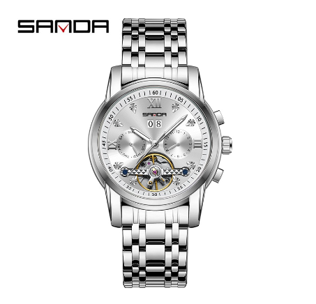 Sanda Official Fully Automatic Mechanical Steel Band Watch Fashion Hollow-out Men's Luminous Swimming Watch SILVER WHITE