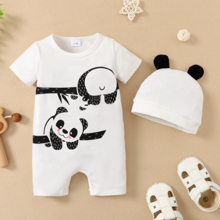 BCBL Baby Boy Jumpsuit Bear Pattern Short Sleeve Onesie with Cute Hat 2 Pcs Set Baby Jumpsuit