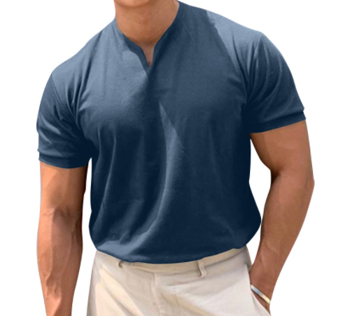 Men Simple Style Casual Short Sleeved Plain V Neck Solid Color T-Shirt