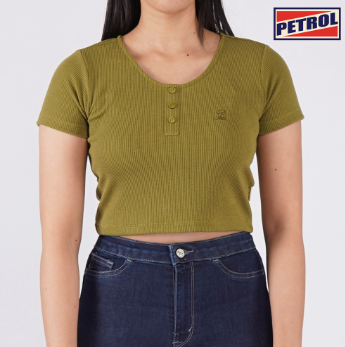 Petrol Basic Tees for Ladies Crop Fitting Shirt Trendy Fashion Ribbed Fabric 140858-U Fatigue