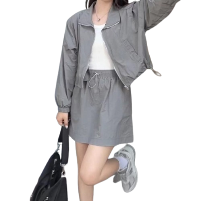 Lovito Women Zipper Pocket Drawstring Front Zip Skirt Set LNE20020 (Light Grey)