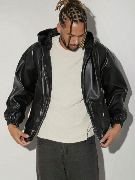 SHEIN Haute Men's Hooded Zip Up Black Casual Jacket