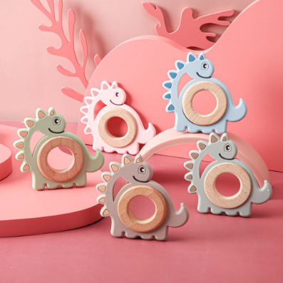 Mamimami Home Baby Silicone Teething Cartoon Animal Wood Ring Nursing Pendant Toys 1 Pc