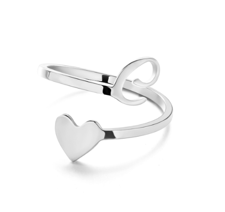Silver Stainless Steel A-Z Rings Initial Letters Heart Rings Women Fashion Non Fading Jewelry Adjustable C