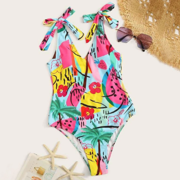 Women's Solid Color One-piece Watermelon Print Deep V Sexy Buckle Design Bikini