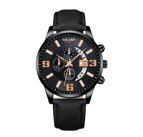 YOLAKO Stainless Steel Men's Quartz Sport Waterproof Watch Men Relo Watch LEATHER BLACK ROSEGOLD