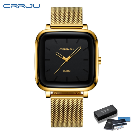 CRRJU Men's Watch Top Brand Square Dial Casual Business Analog Quartz Stainless Steel Waterproof 2199 GOLD BLACK