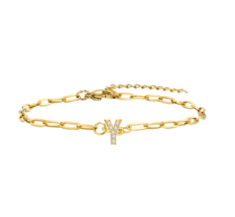 Vnox 18K Gold Zircon Initial Bracelet,Letter Charm Link Stainless Steel Flat Cross Bracelet Y