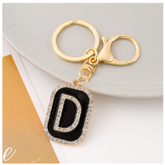 Exquisite Rhinestone 26 Letter Keychain Simple Black Enamel Initials Keyrings For Women Bag Pendant Ornament Car Keyholder Gifts D