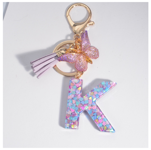 Sweet Heart Sequin Filled A-Z Letter Keychains With Tassel Fashion Butterfly 26 Alphabet Keyring Car Keyholder Birthday Gifts K