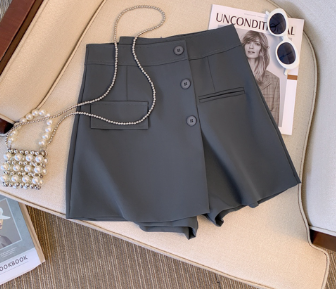 Lovito Women Split Asymmetrical Button Front Shorts LNE20144 Dark Grey