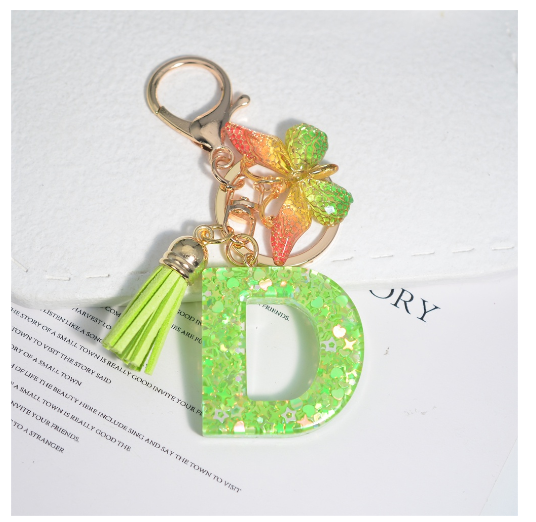 Glitter Green 26 Letter Resin Keychain Fashion Sequin Filled A-Z Alphabet Keyrings For Women Car Key Holder Accessories Souvenir D