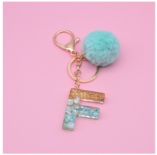 Cute Keyring Green Pompom Fur Ball 26 Letter Keychain Resin Key Chains Handbag Charms For Woman Ornaments Accessories Gift F