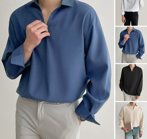 Men Simple Style Fashion Solid Color Long Sleeve Lapel Collar Shirts
