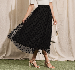 Lovito Women's Elegant Polka Dot Frill Double Layers Mesh Fabric High Waist Skirt Black L41Ld020