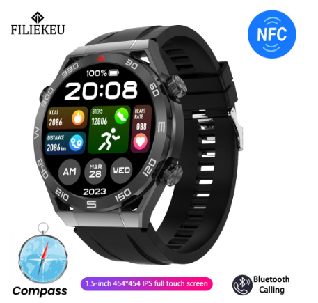 FILIEKEU Watch Ultimate GPS compass smart watch bluetooth call waterproof sports fitness ECG smart watch BLACK SILICONE STRAP