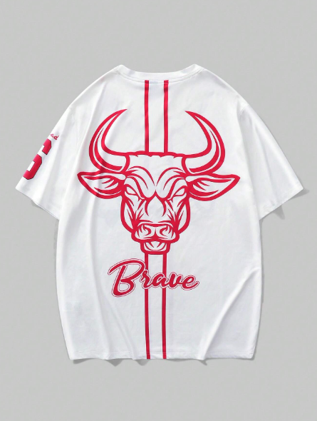 Manfinity LEGND Men's Plus Size Summer Casual T-Shirt With Letter And Bull Head Print, Short Sleeve, Crew Neck