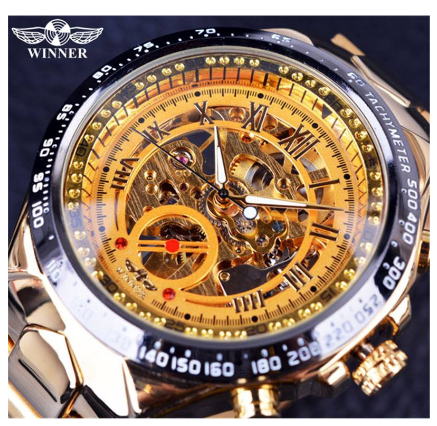 WINNER Automatic watch men Gold Luxury Stainless Steel Skeleton Mechanical Watches waterproof Luminous Watch 4