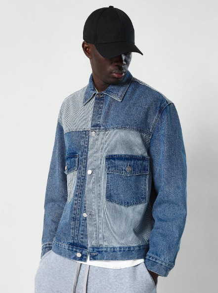 SUMWON Patchwork Stripe Denim Jacket With Embroidered Print