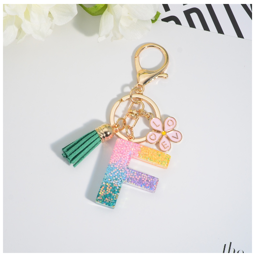Fashion 26 Letter Resin Keychain A-Z Round Sequins Filled Alphabet Flower Pendant Keyring with Tassel Bag Ornament Accessories F
