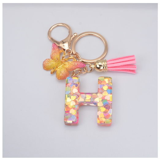 Exquisite 26 Letter Resin Keychain with Pink Tassel Gradient Butterfly Pendant Key Ring Women Bag Ornaments Accessories H