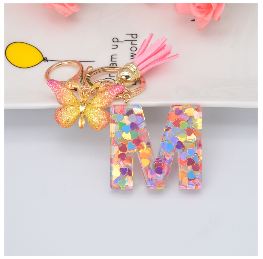 Exquisite 26 Letter Resin Keychain with Pink Tassel Gradient Butterfly Pendant Key Ring Women Bag Ornaments Accessories M