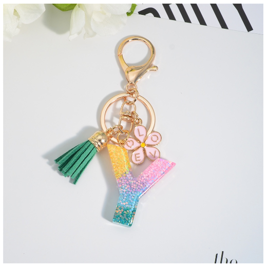 Fashion 26 Letter Resin Keychain A-Z Round Sequins Filled Alphabet Flower Pendant Keyring with Tassel Bag Ornament Accessories Y