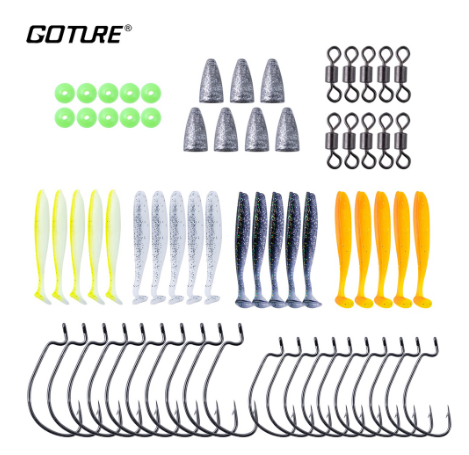 GOTURE Texas Rig Fishing Accessories Set Kit Soft Lure Fishing Beads Hooks Sinkers Set With Fishing Accessories Box