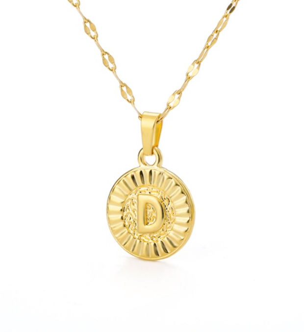 Maxzone A-Z Initial Round Letter Pendant Necklace For Women Stainless Steel Gold Choker Coin Letter Necklace D