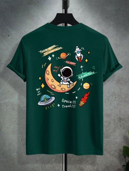 Men's Short Sleeve Tee With Astronaut And Alien Pattern Print Round Neckline