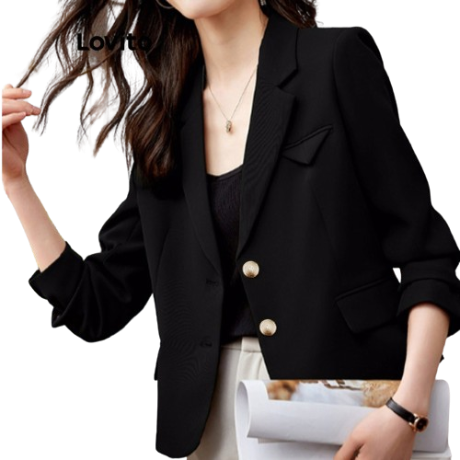 Lovito Women Casual Plain Button Blazer LNE36292 (Black)