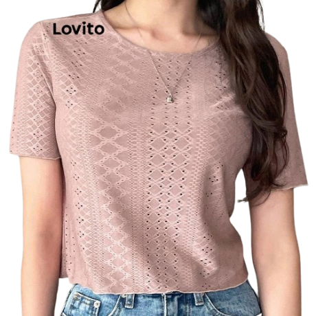 Lovito Women Casual Plain Square Neck T-Shirt L77ED010 (Pink)
