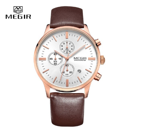MEGIR Casual Business Men Leather Analog Quartz Watches Waterproof Chronograph Military Watch M008