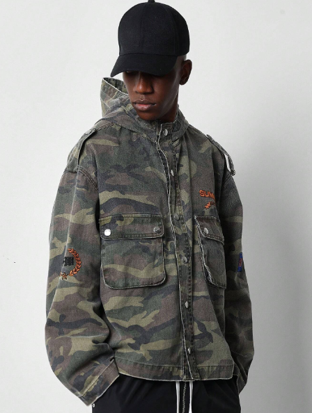 SUMWON Washed Camo Denim Hooded Jacket With Embroidery